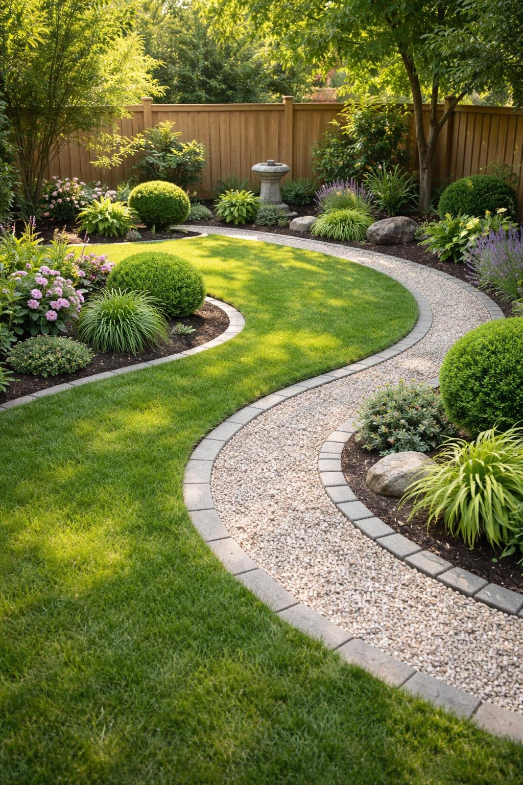 A backyard corner with decorative gravel paths separating green grass and garden plants under natural sunlight.