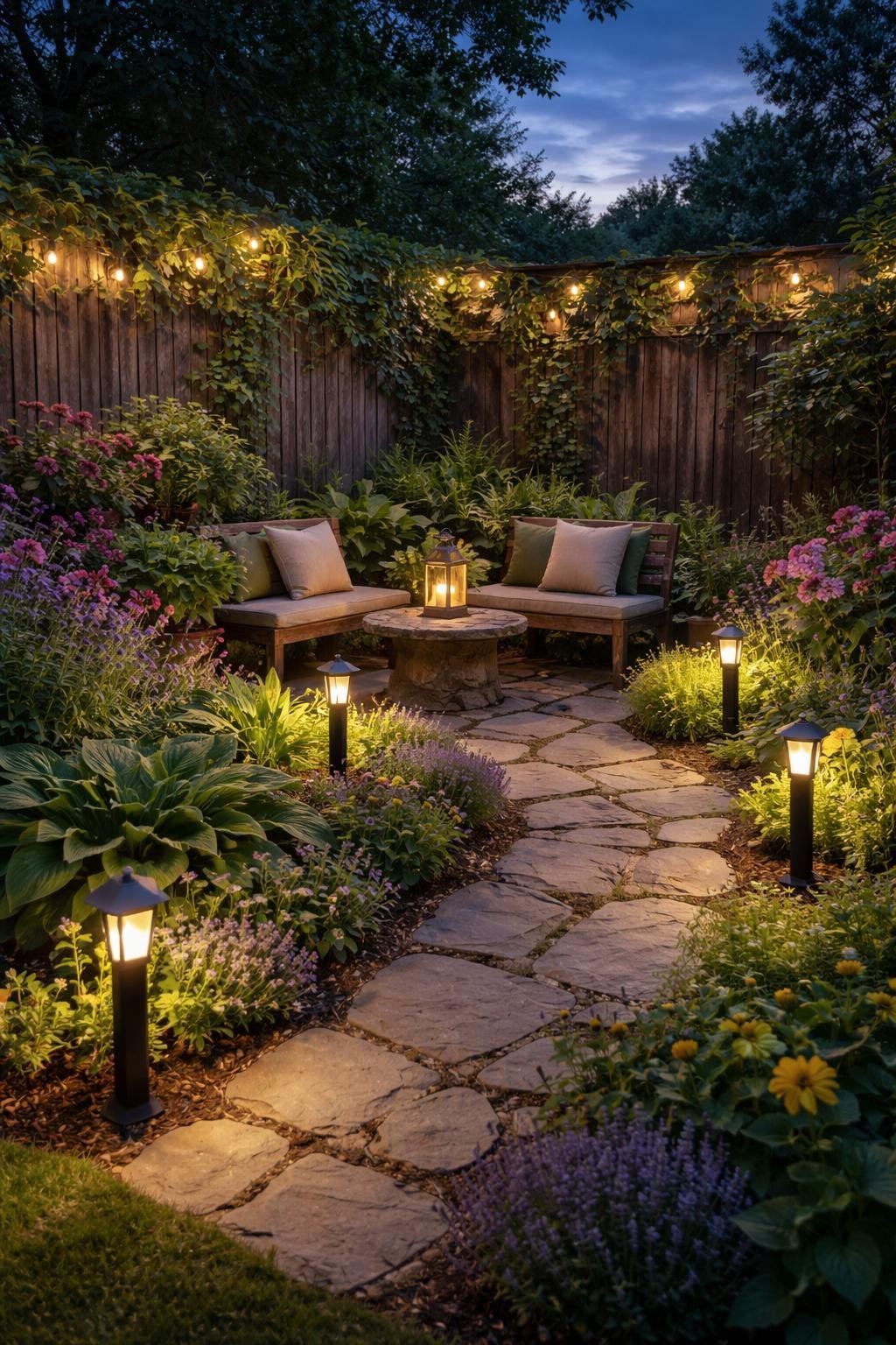 A backyard garden corner with green plants, colorful flowers, wooden benches, stone pathway, and solar-powered garden lights glowing at dusk.
