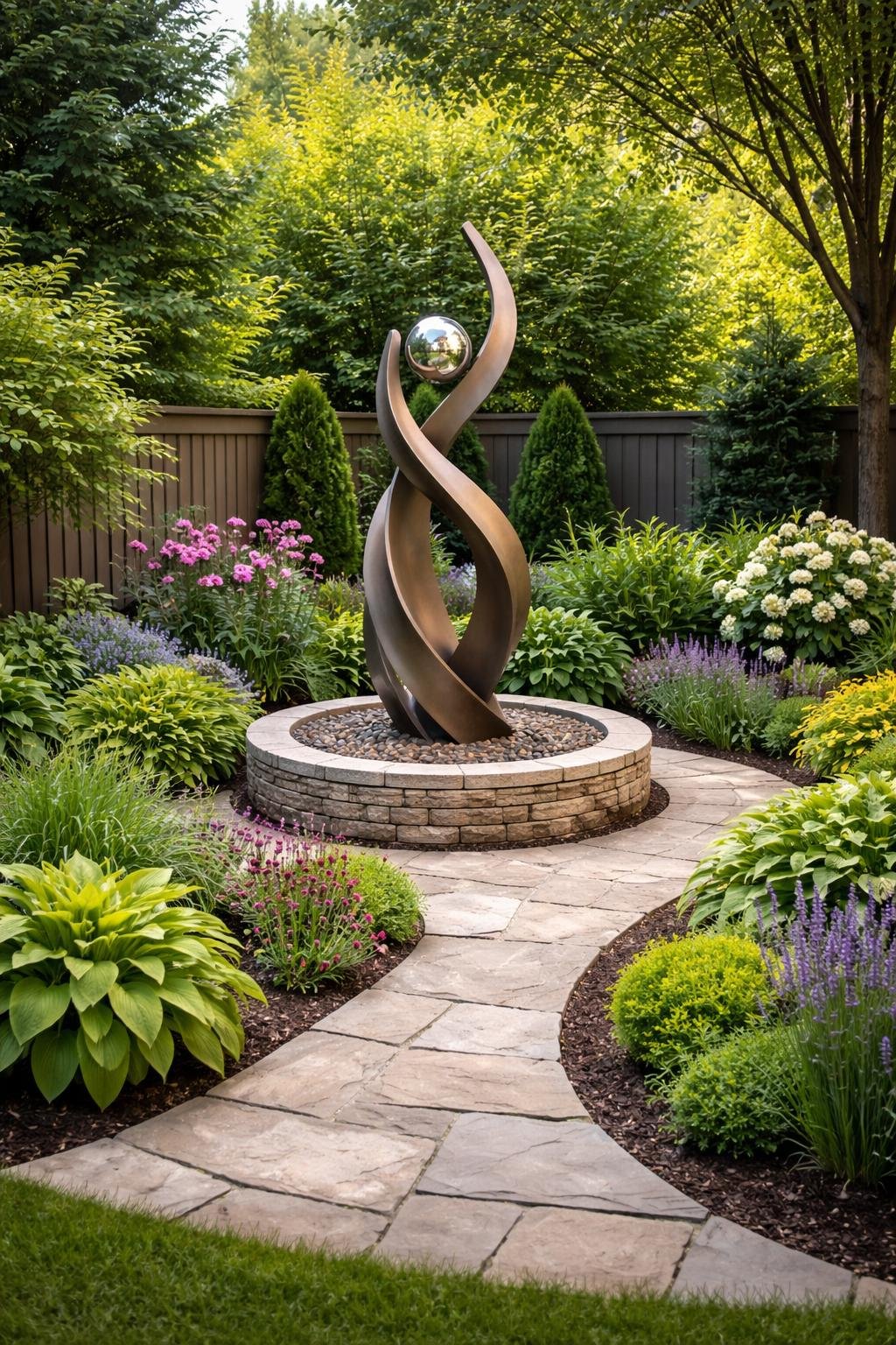 A backyard corner garden with a prominent outdoor sculpture surrounded by green plants and flowers.