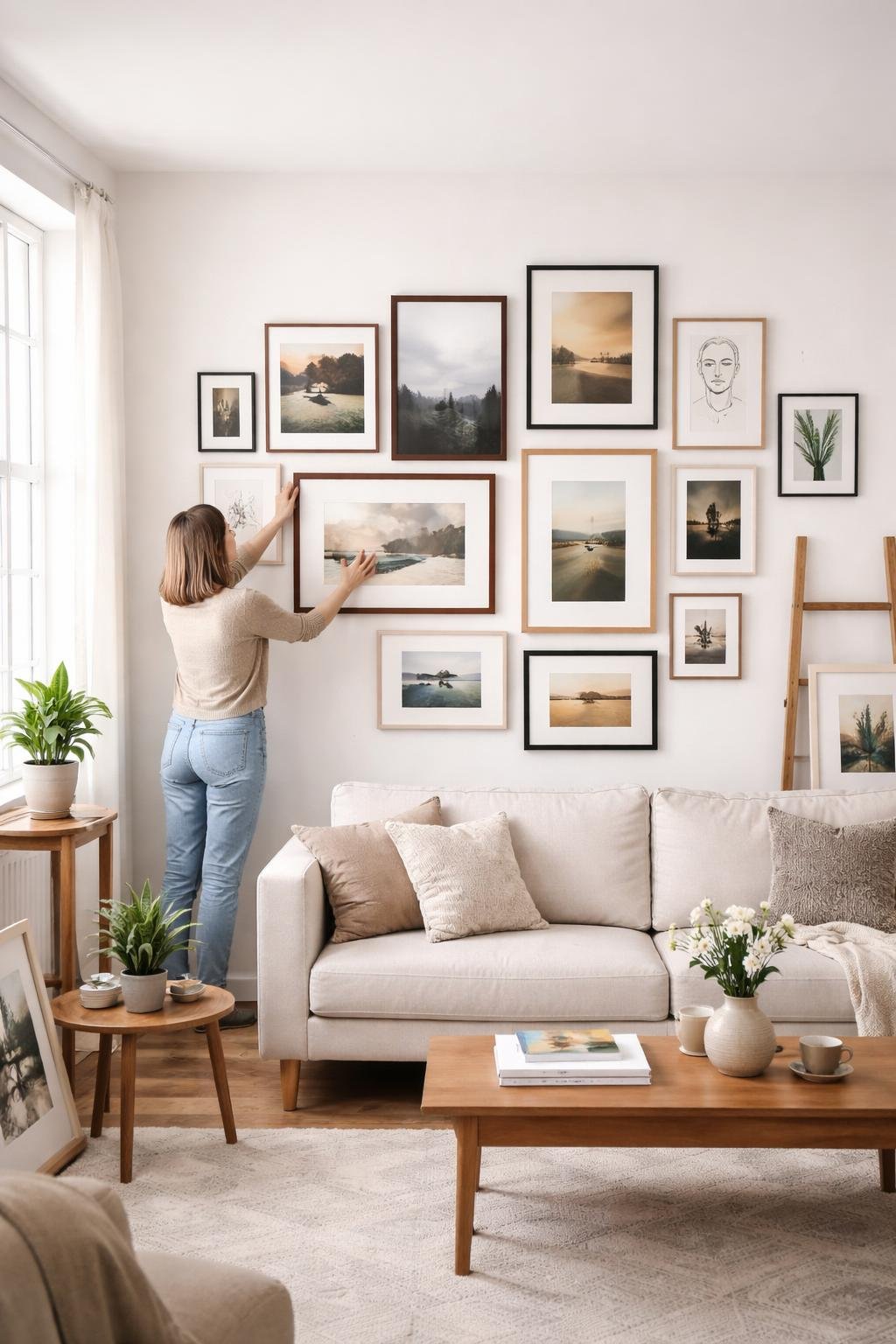 A person arranging framed artworks on a white wall in a bright living room with a sofa and plants.