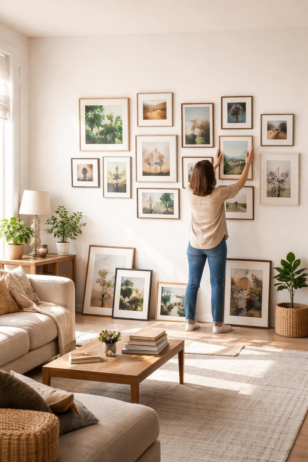 A person arranging framed artworks on a blank wall in a bright living room.