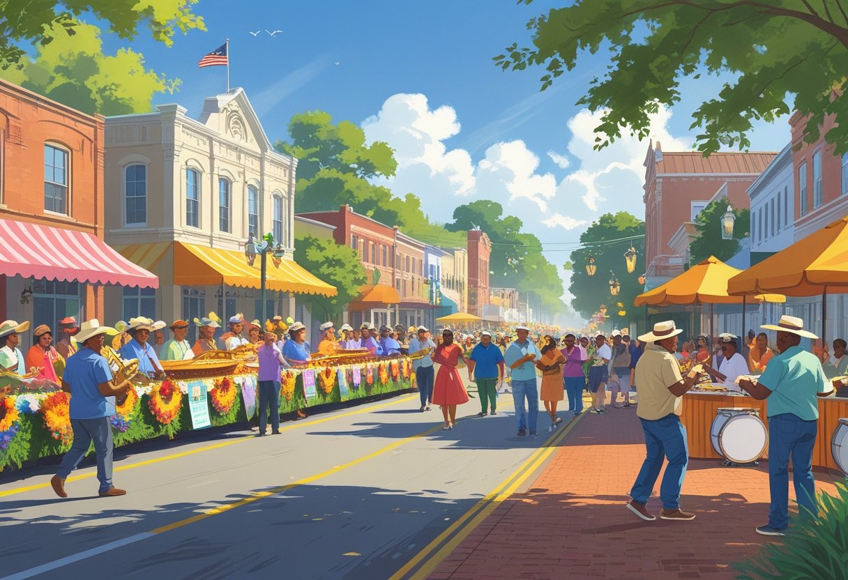 A lively outdoor scene showing people enjoying a colorful parade with floats, musicians, and food vendors in a sunny town surrounded by greenery and fields.