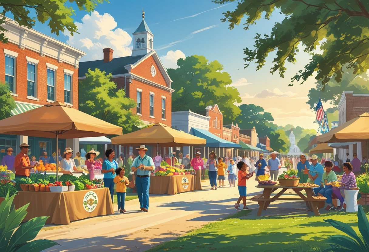 A lively outdoor festival in a small town with people enjoying a parade, music, food, and market stalls surrounded by trees and historic buildings.