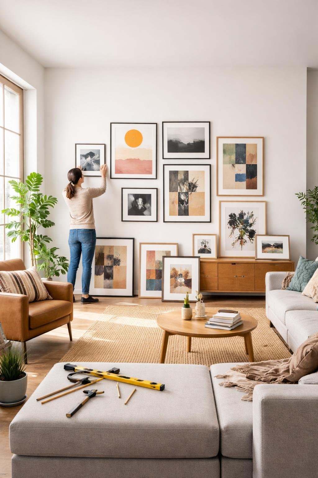 Person arranging framed artworks on a blank wall to create a gallery wall in a bright living room.