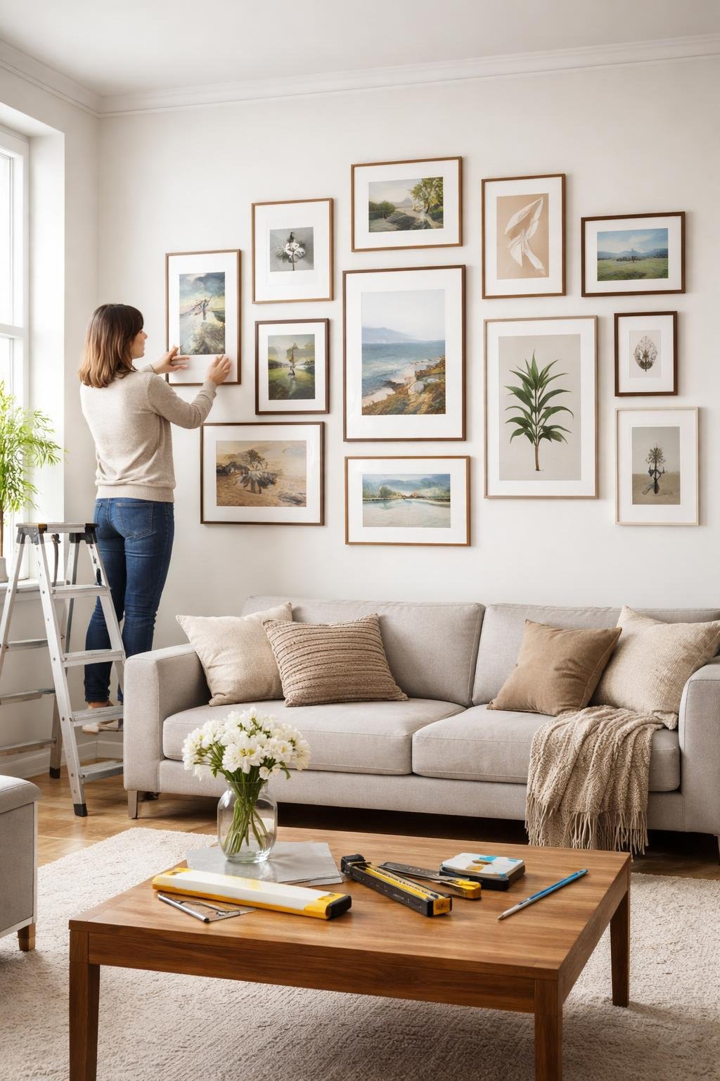 Person arranging framed artworks on a large white wall in a bright living room to create a gallery wall.