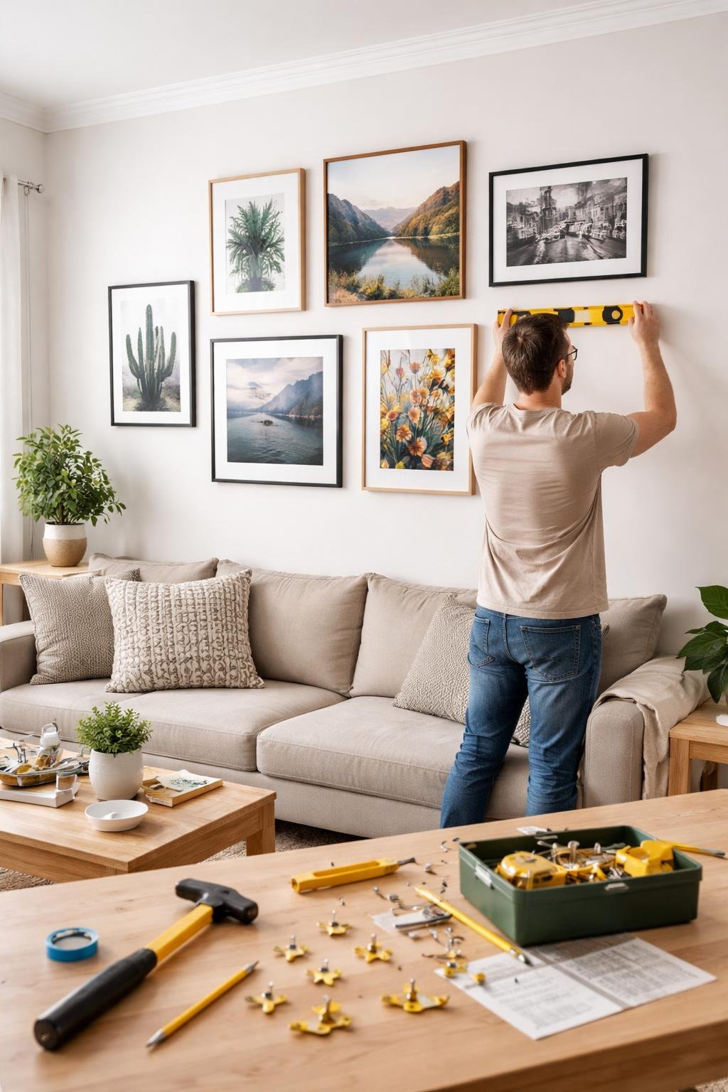 Person hanging framed artwork on a blank wall in a bright living room to create a gallery wall.