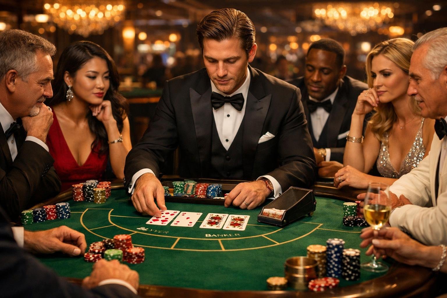 A Casino Scene Showing A Dealer Managing A Baccarat Table With Several Players Watching The Game.