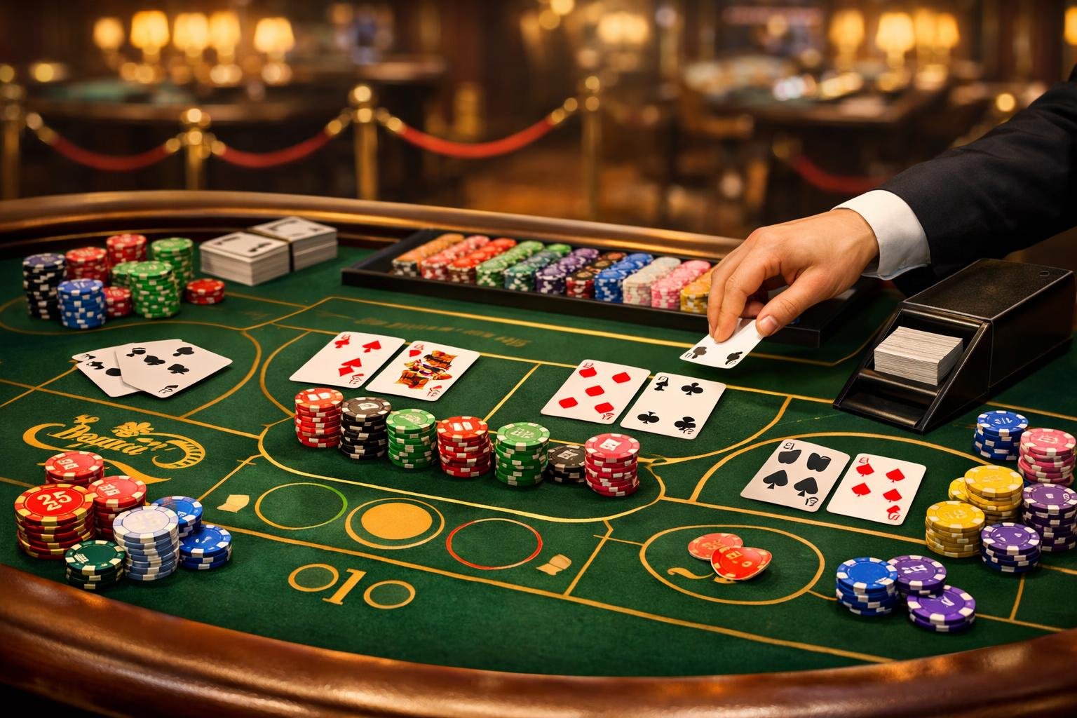 A Baccarat Casino Table With Cards, Chips, And A Dealer's Hand, Set In An Elegant Casino Environment.