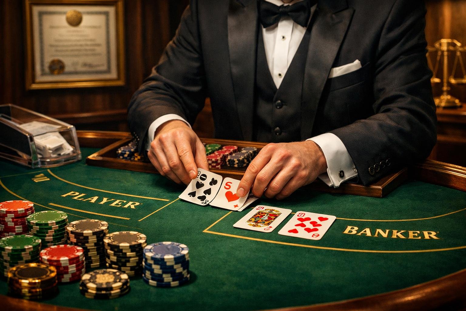 A Baccarat Casino Table With A Dealer Handling Cards And Chips, A Framed Certificate On The Wall, Symbolizing Licensing And Fair Play.