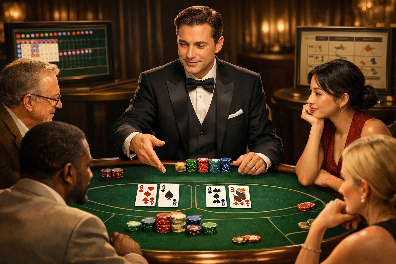 A Casino Table With Baccarat Cards And Chips, A Dealer Explaining The Game To Attentive Players.