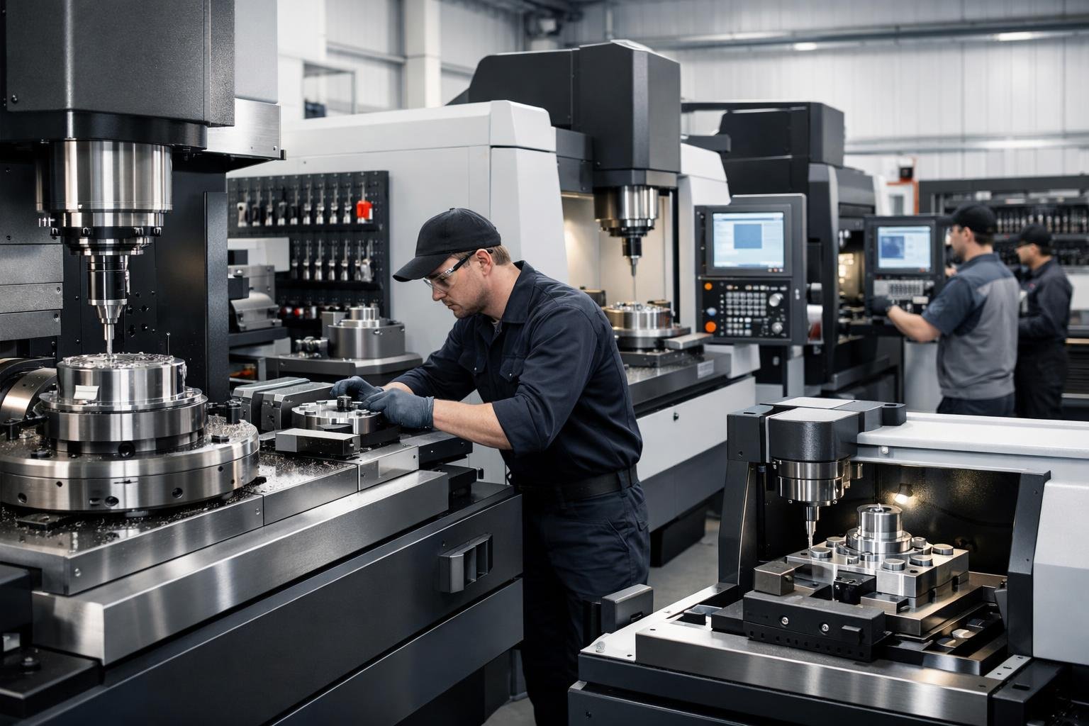 Keli skirtingų CNC frezavimo staklių tipai dirbtuvėse, kur technikai dirba su metalo detalėmis.