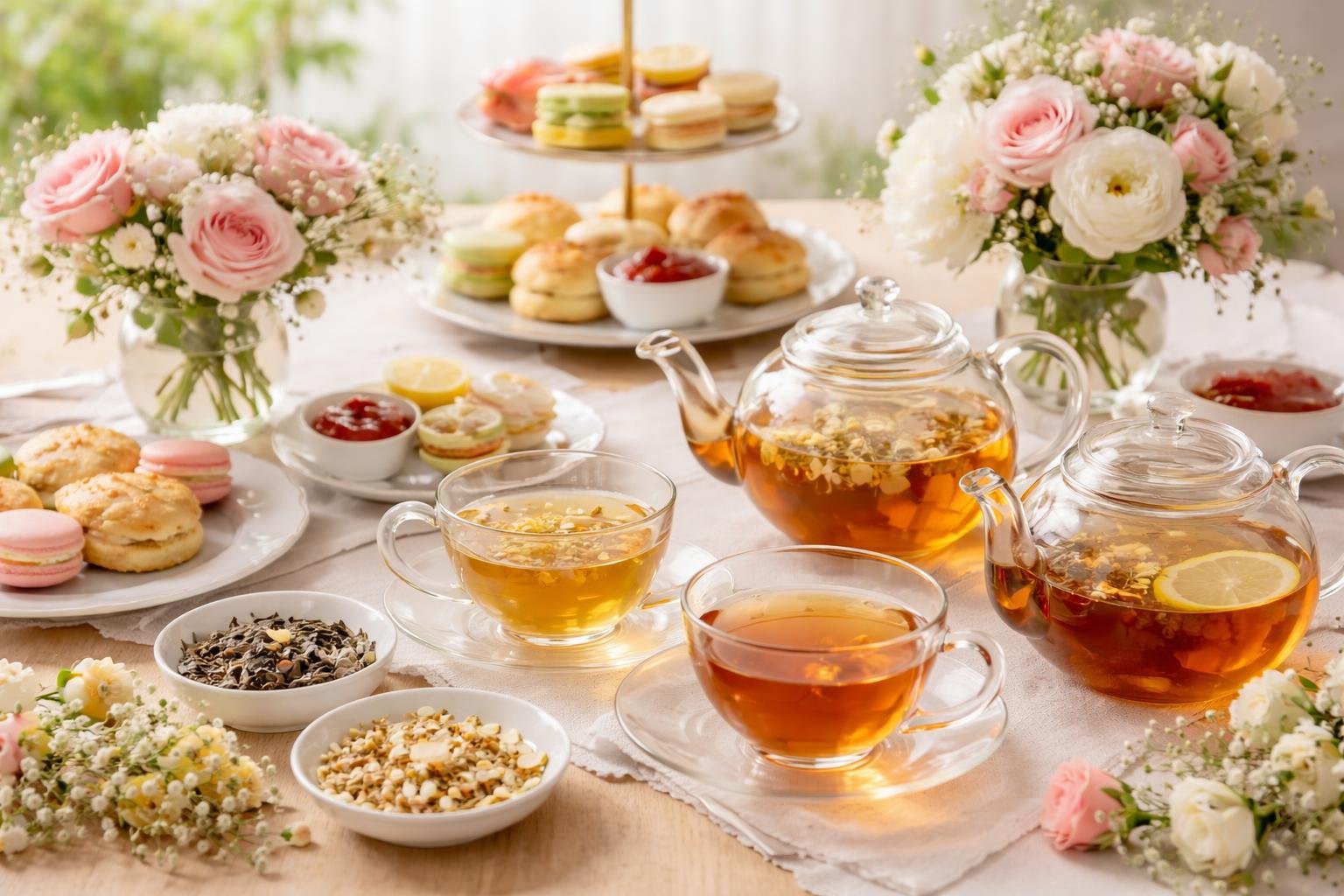A table set for a tea party with teacups, teapots, assorted teas, finger sandwiches, scones, macarons, and fresh flowers.