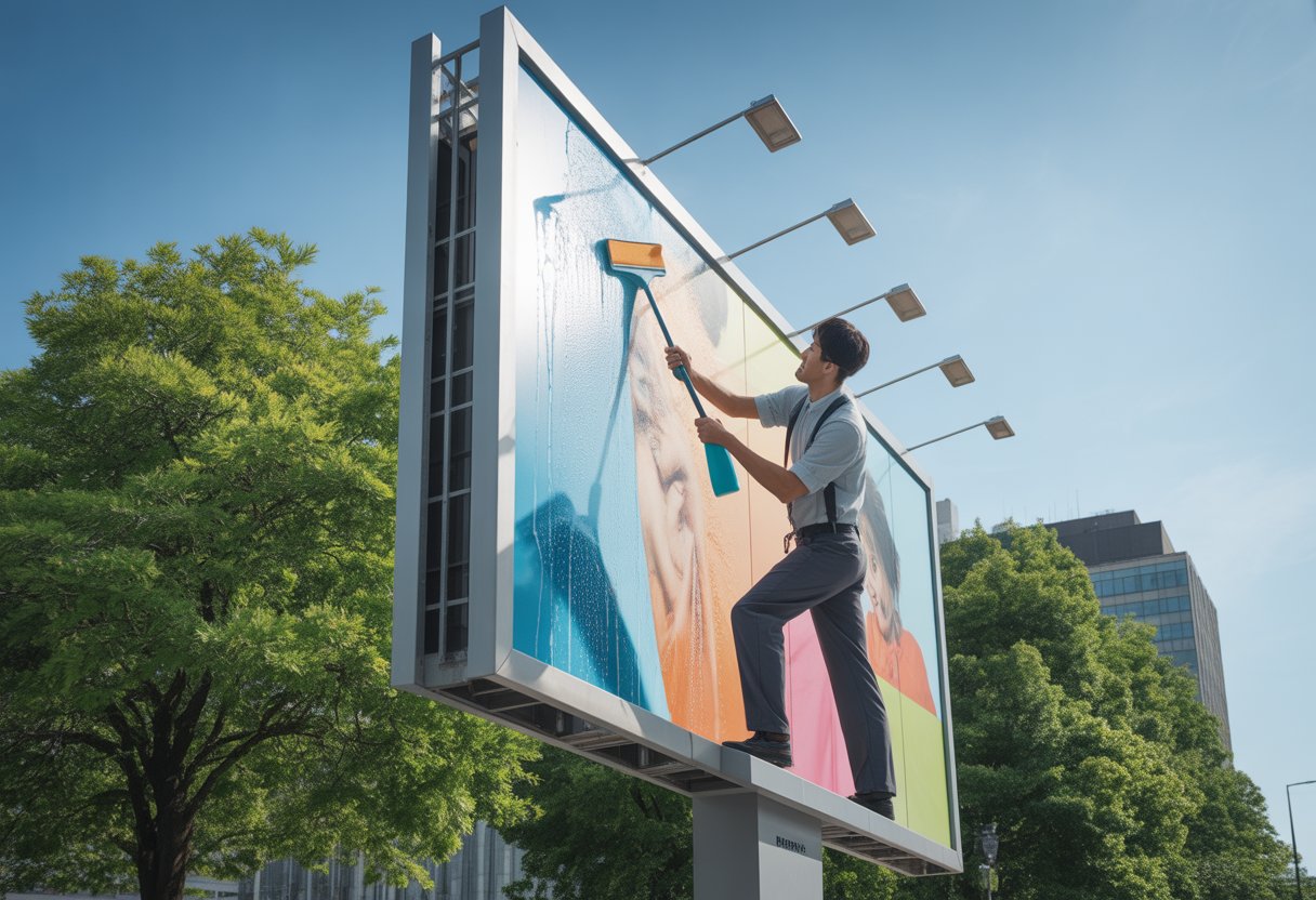 Technikas valo didelę lauko reklamą saulėtą dieną miesto aplinkoje.