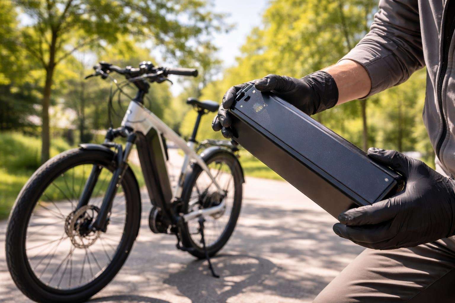 Person wearing gloves inspecting an e-bike battery outdoors near a parked electric bicycle on a sunny day.