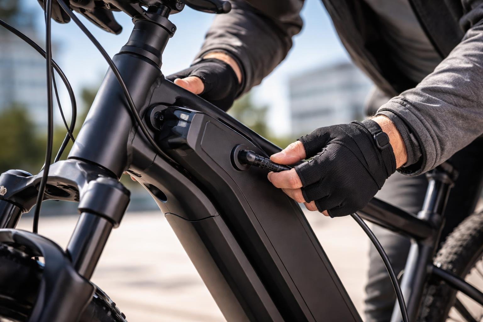Close-up of hands plugging a charger into an electric bike battery outdoors.