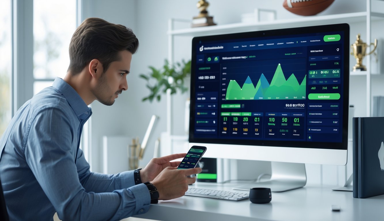 Seorang pria muda menggunakan komputer dan ponsel di ruang kerja modern dengan layar menampilkan antarmuka taruhan sepak bola online.