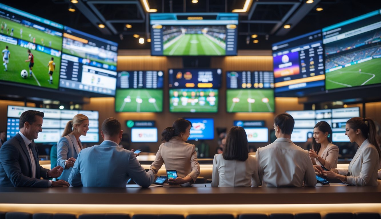 Orang-orang sedang menggunakan perangkat elektronik di ruang taruhan olahraga dengan layar besar menampilkan pertandingan olahraga.