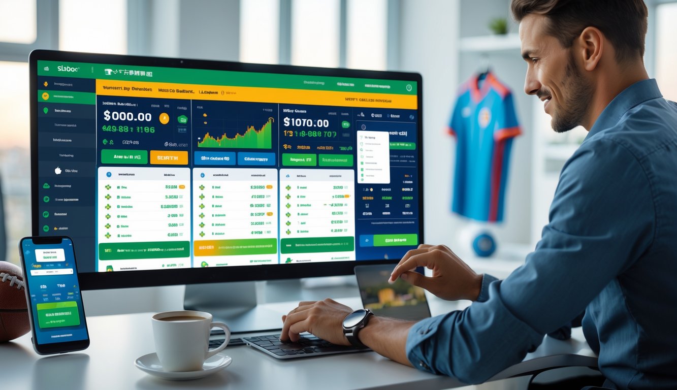 Seseorang menggunakan komputer dengan tampilan situs judi bola sportsbook online resmi di ruang kerja modern.