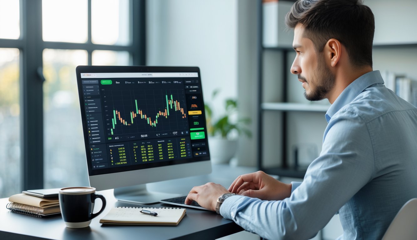 Seorang pria muda duduk di meja dengan laptop, melihat data taruhan sepak bola online dan mencatat strategi.