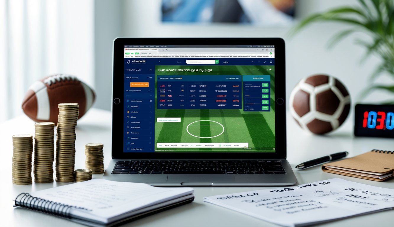 Seorang pria menggunakan laptop di meja kerja dengan layar menampilkan situs taruhan bola, di sekitar terdapat tumpukan koin kecil dan buku catatan strategi.