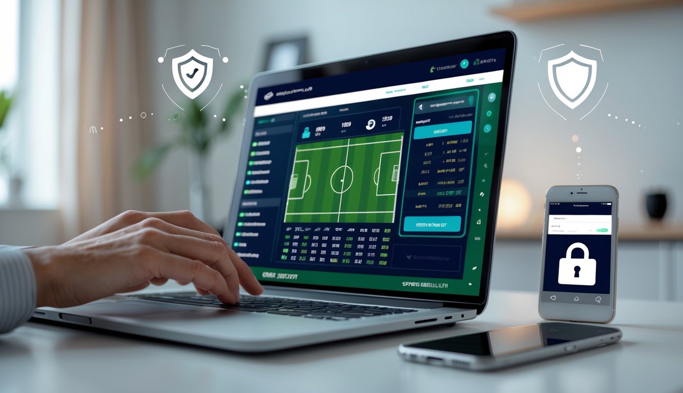 Seseorang menggunakan laptop di meja kerja dengan tampilan situs taruhan bola online yang aman dan profesional.