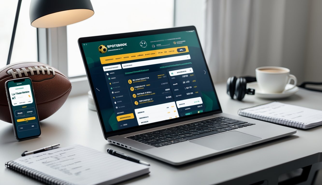 Meja kerja dengan laptop yang menampilkan situs judi bola online, smartphone dengan aplikasi taruhan, buku catatan, dan cangkir kopi di dekat jendela dengan pencahayaan alami.