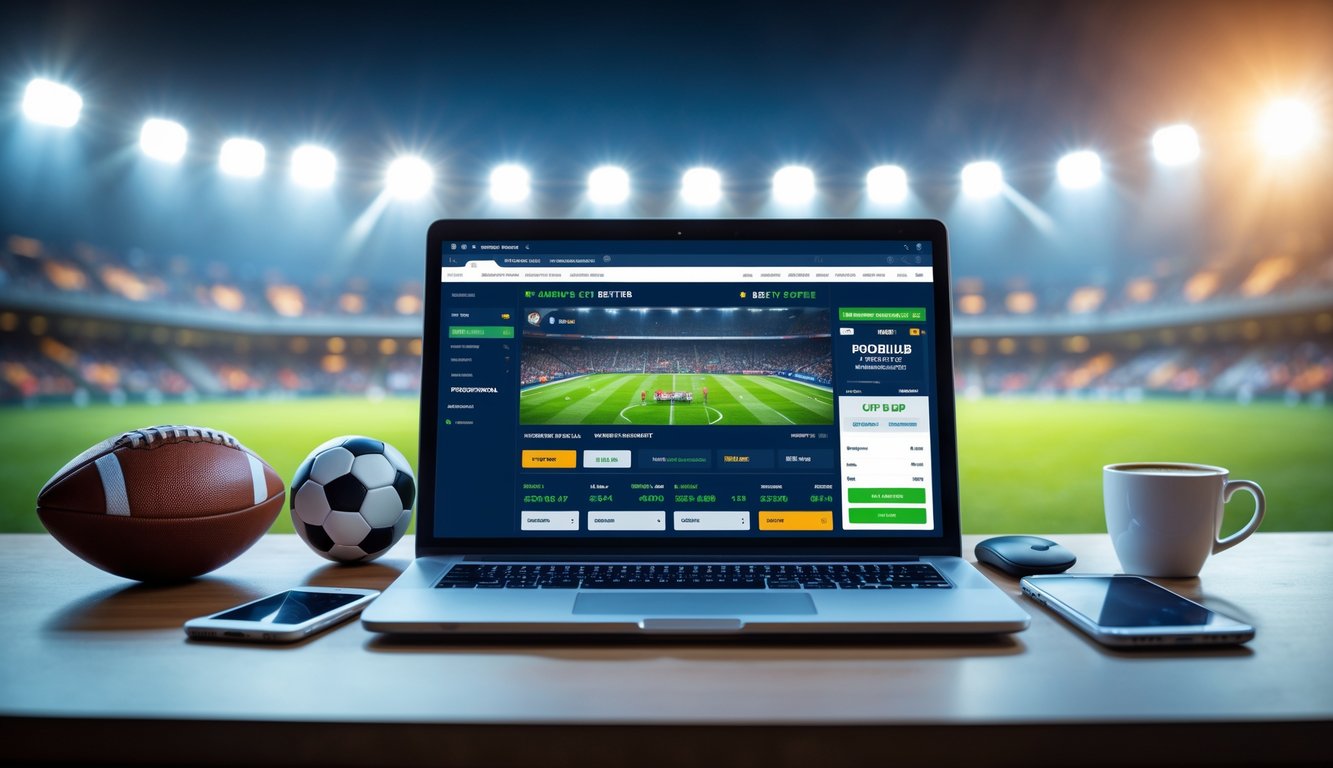 Suasana kerja dengan laptop yang menampilkan pertandingan sepak bola dan aplikasi taruhan olahraga, bola sepak, ponsel, dan latar belakang stadion penuh penonton.