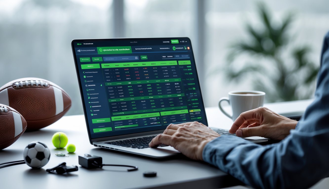 Seorang pengguna duduk di depan laptop dengan tampilan situs judi bola online, dikelilingi bola sepak dan perlengkapan olahraga lainnya.