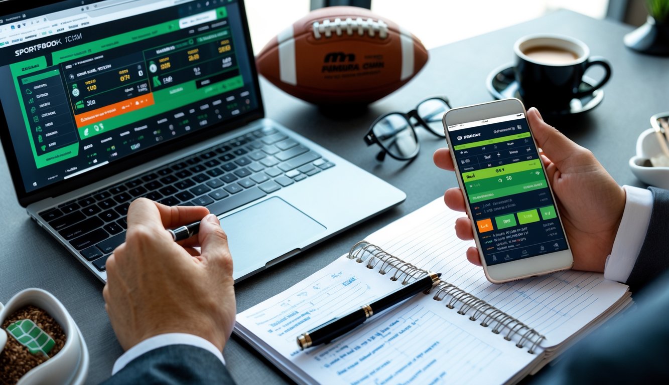 Seseorang menggunakan laptop dan ponsel untuk melihat statistik dan taruhan pertandingan sepak bola online di meja kerja dengan alat tulis dan bola sepak di dekatnya.