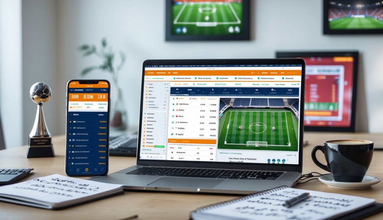 Seorang pria di meja kerja dengan laptop dan ponsel menampilkan situs taruhan bola, dikelilingi catatan dan cangkir kopi.