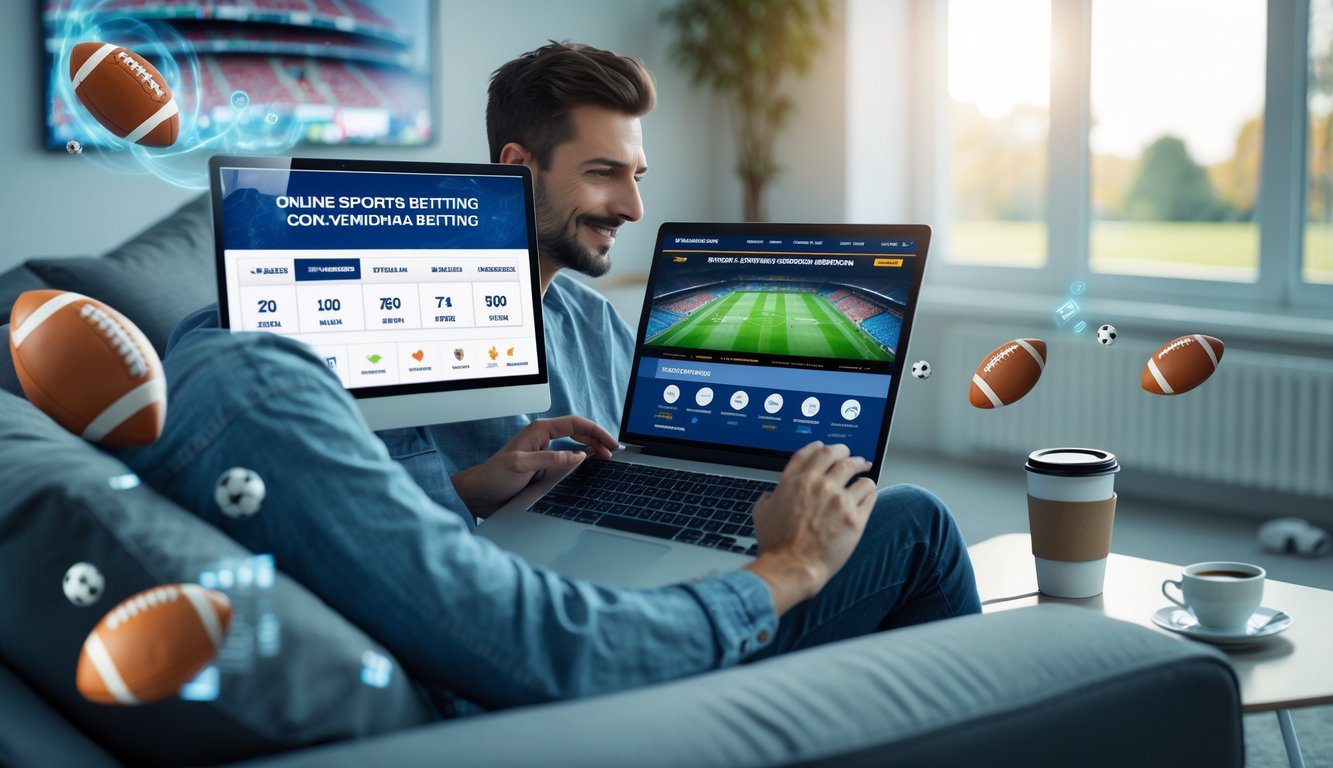 Seorang pria muda duduk di sofa menggunakan laptop yang menampilkan situs taruhan bola online dengan suasana ruangan yang nyaman dan modern.