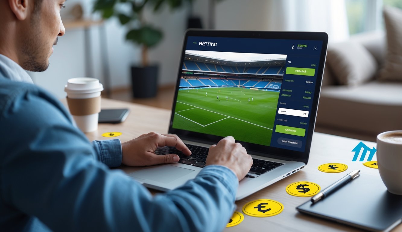 Seseorang menggunakan laptop di rumah untuk memasang taruhan sepak bola online dengan layar menampilkan pertandingan sepak bola.