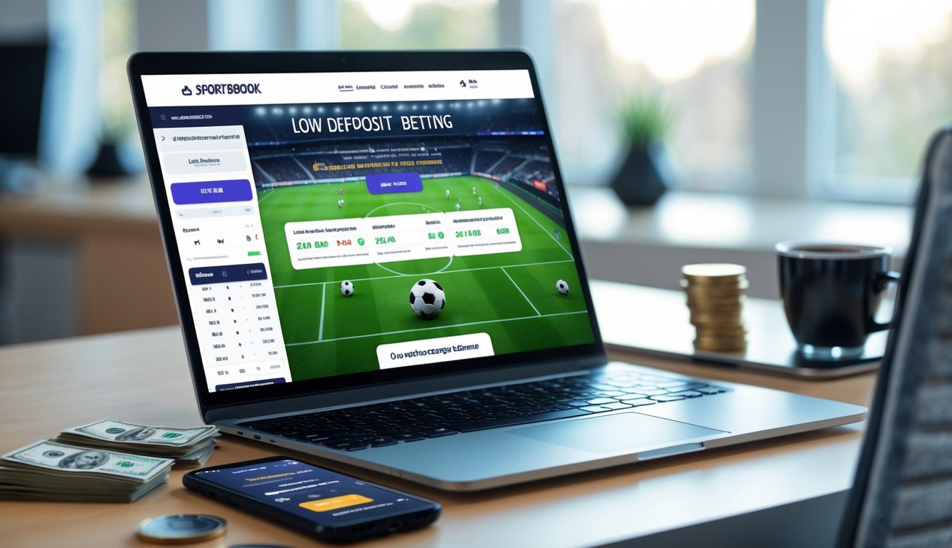 Seorang pria menggunakan laptop di meja kerja dengan tampilan situs judi bola sportsbook online, di sampingnya terdapat ponsel dan uang tunai kecil.