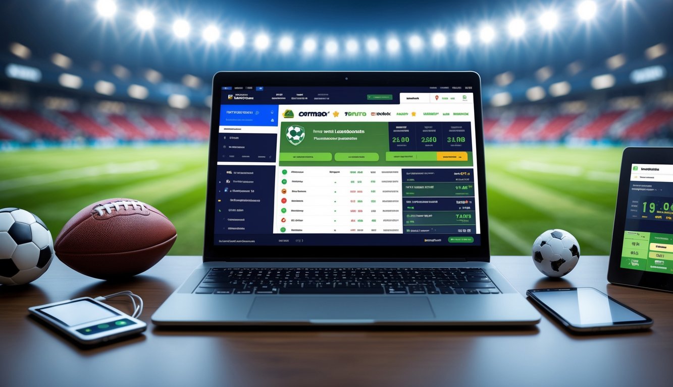 Seseorang menggunakan komputer dengan tampilan taruhan sepak bola online, dikelilingi bola sepak dan perlengkapan terkait di latar belakang stadion.