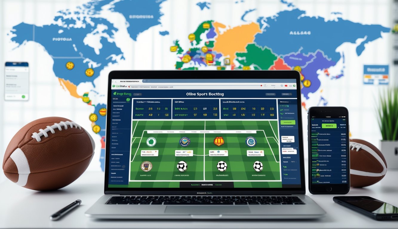 Meja kerja dengan laptop yang menampilkan antarmuka taruhan sepak bola online dan bola sepak di sampingnya.