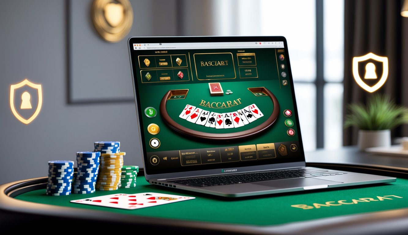 Sebuah meja dengan komputer yang menampilkan permainan baccarat online, dikelilingi oleh kartu dan chip poker dalam suasana yang bersih dan profesional.