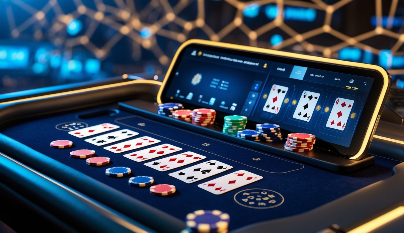 Suasana permainan baccarat online dengan kartu dan chip di meja virtual yang modern dan menarik.
