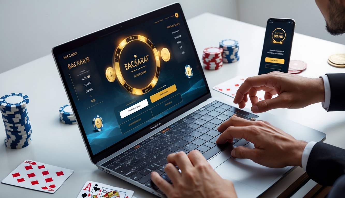 Seseorang menggunakan laptop dan ponsel untuk mendaftar judi baccarat online dengan chip poker dan kartu di meja.
