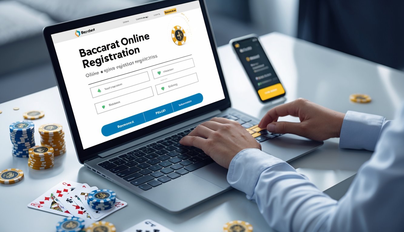 Seorang pengguna sedang mendaftar akun judi baccarat online di laptop dengan kartu dan chip permainan di meja.
