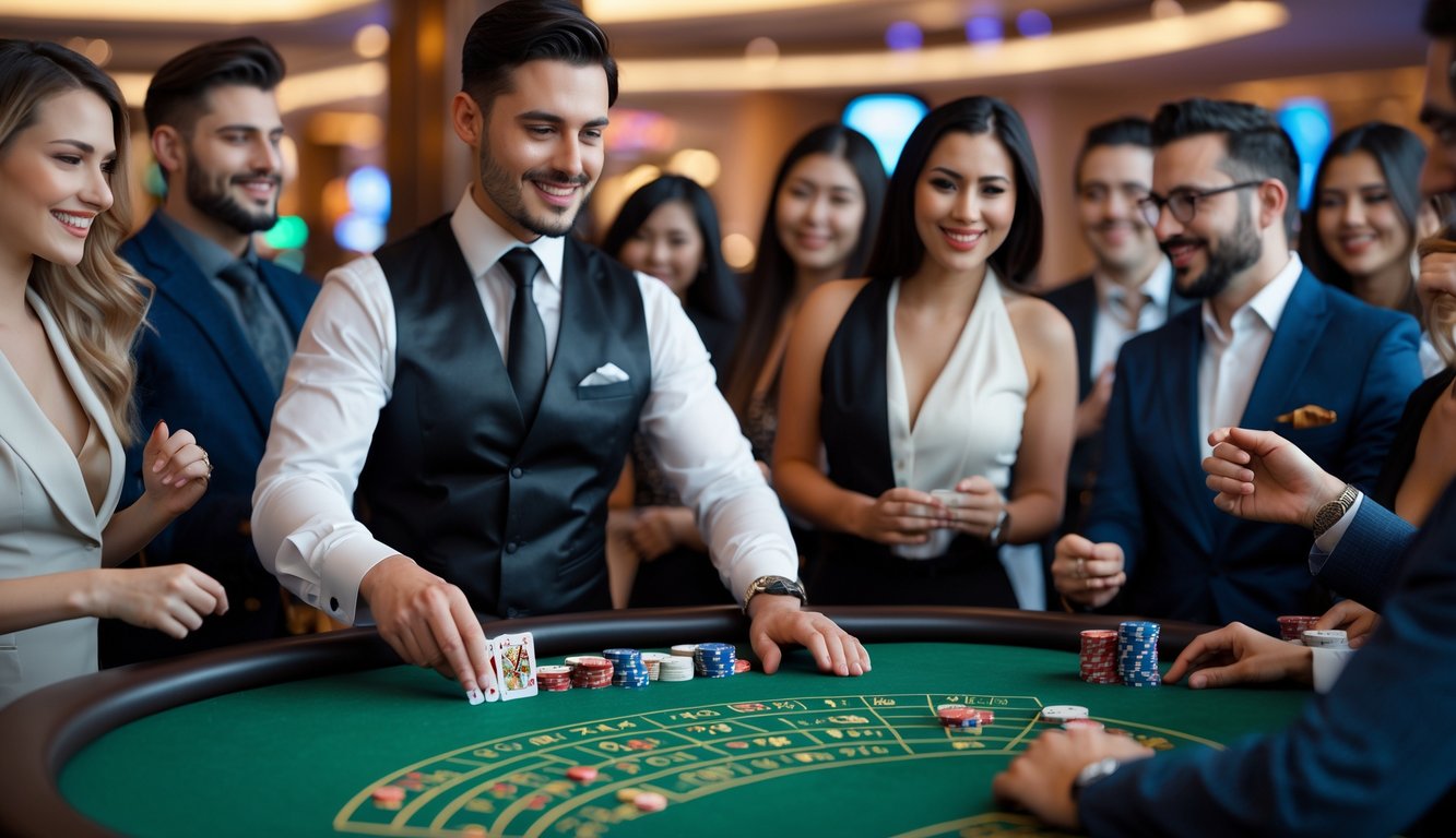 Seorang dealer membagikan kartu baccarat di meja hijau dengan beberapa pemain yang terlihat antusias di sekitarnya di dalam kasino.