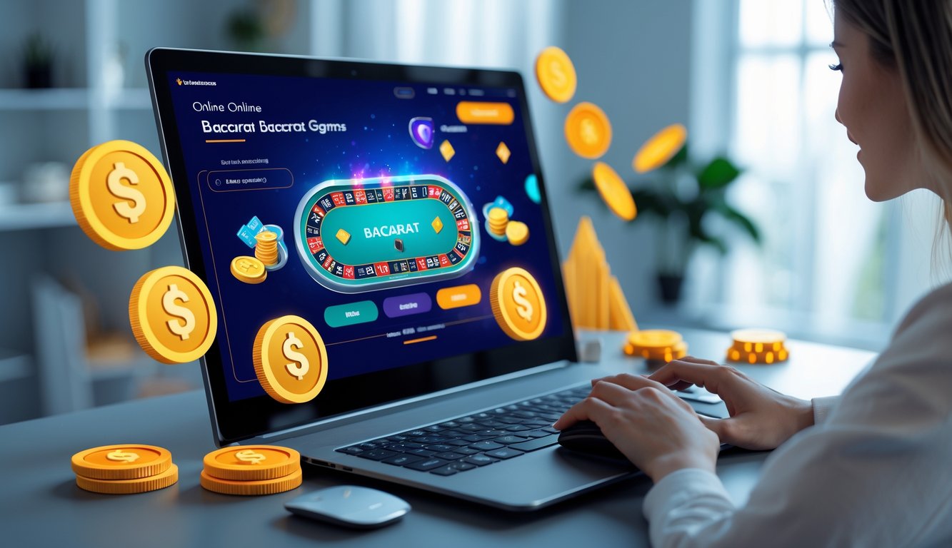 Seorang pemain muda sedang menggunakan komputer dengan layar menampilkan permainan baccarat online, dikelilingi oleh simbol bonus dan koin digital.