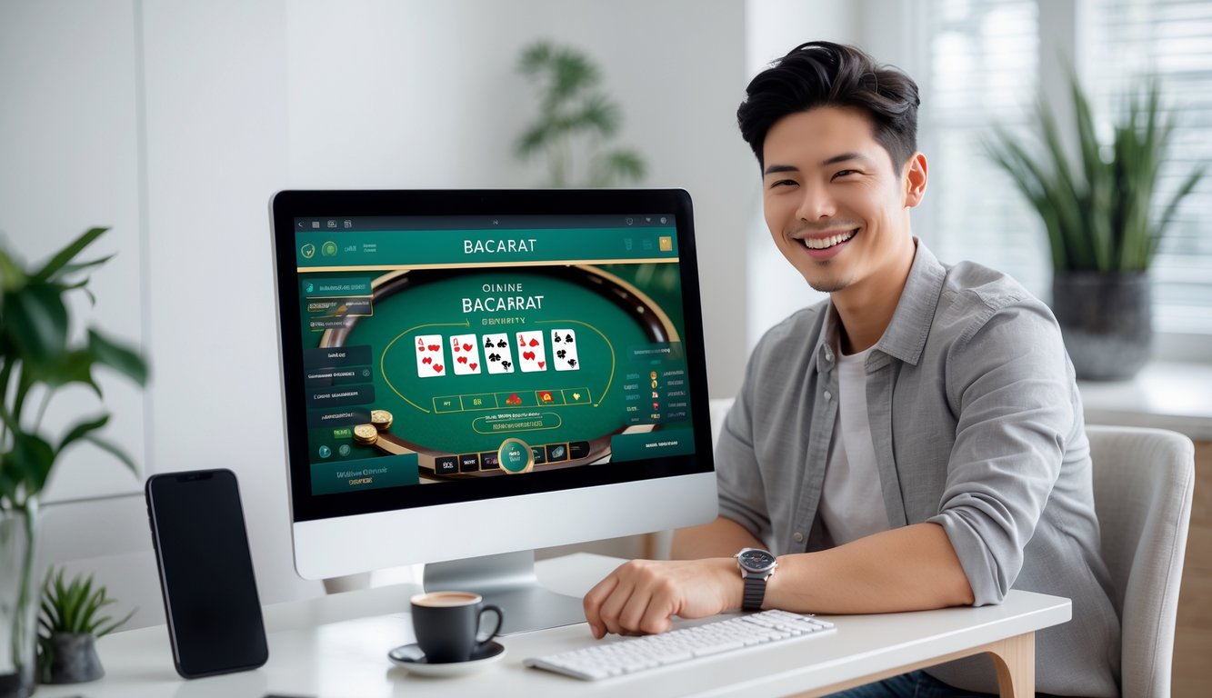 Seseorang tersenyum sambil bermain permainan baccarat online di komputer di ruang tamu yang nyaman.