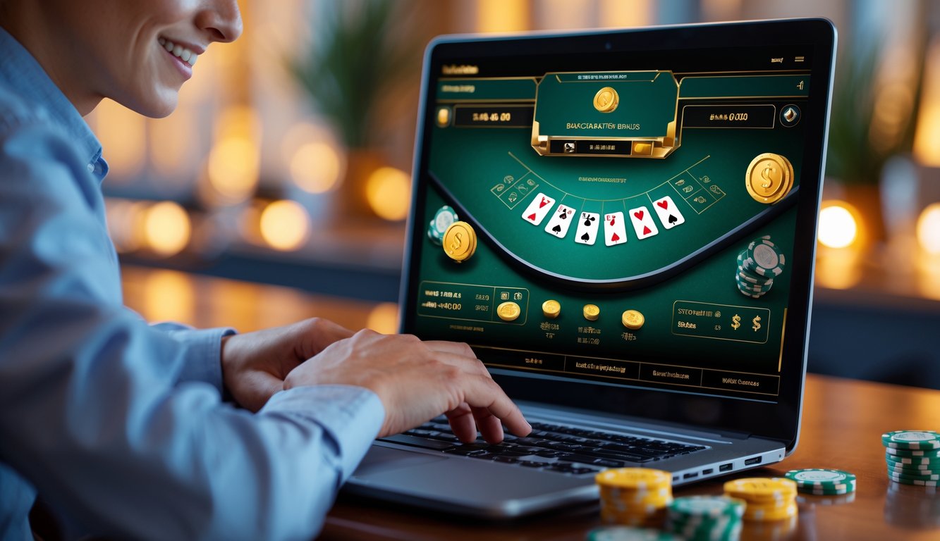 Seorang pemain muda tersenyum sambil bermain baccarat online di laptop dengan chip dan kartu terlihat di layar, dikelilingi simbol bonus dan hadiah.