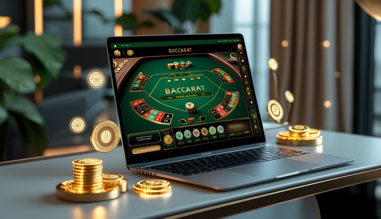Sebuah meja kerja modern dengan komputer menampilkan permainan baccarat online, dikelilingi oleh elemen yang menunjukkan bonus dan kemudahan pendaftaran.