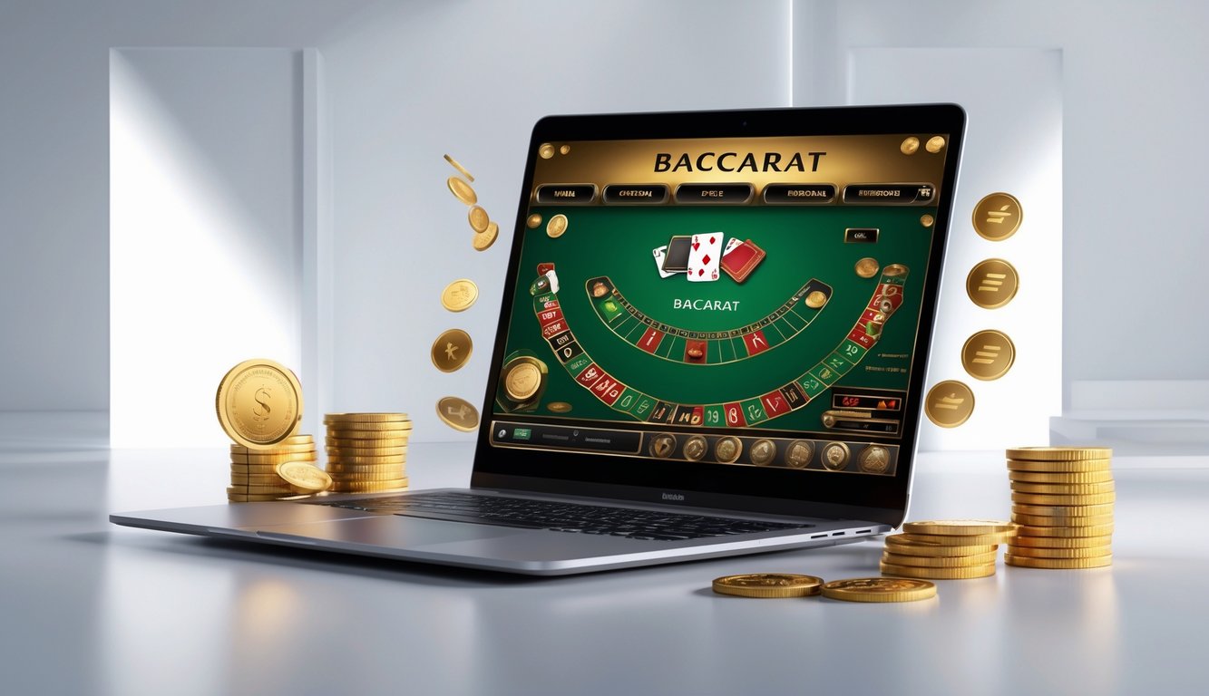 Seorang pengguna sedang bermain permainan baccarat online di laptop dengan latar belakang yang bersih dan elemen simbol bonus di sekitar perangkat.