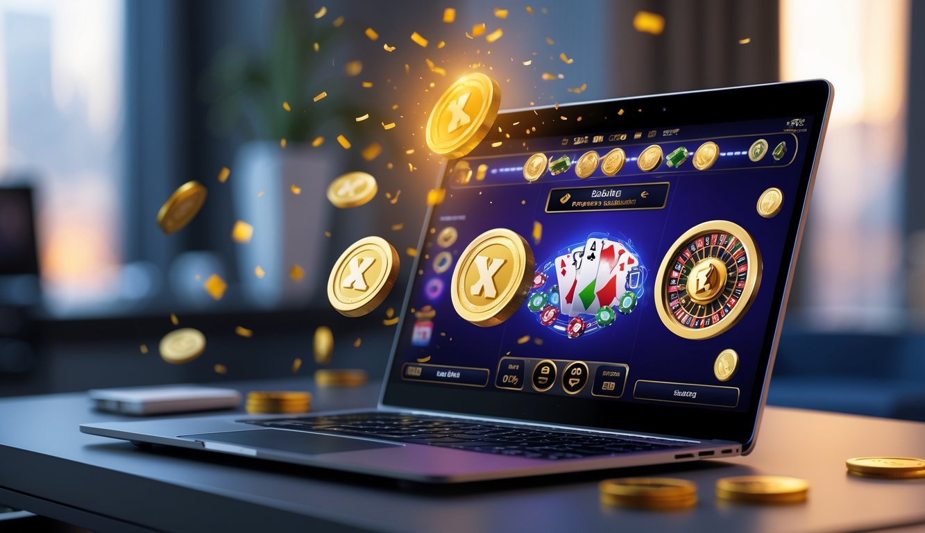 Seorang pemain menggunakan komputer dengan tampilan permainan baccarat online dan simbol bonus di sekitarnya.