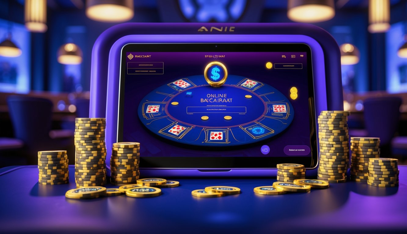 Sebuah set up permainan baccarat online dengan kartu dan chip di layar komputer di suasana lounge permainan yang elegan dan modern.