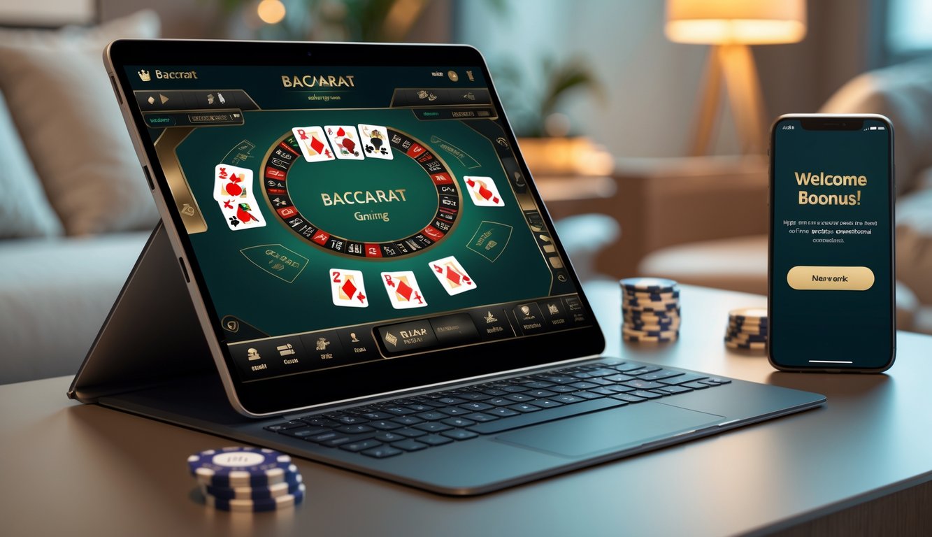 Seorang pemain menggunakan laptop dan smartphone untuk bermain baccarat online di meja modern dengan suasana rumah yang nyaman.