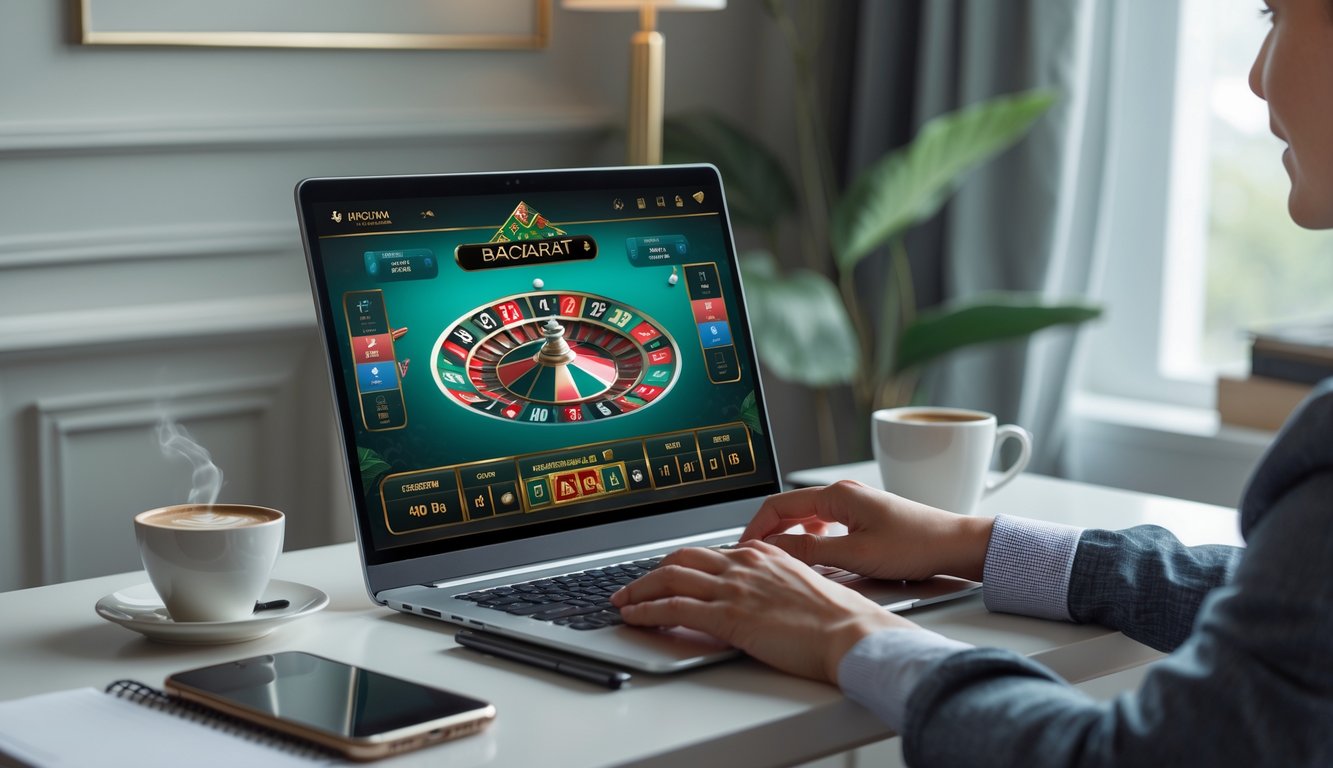 Seorang dewasa muda sedang bermain permainan baccarat online di laptop di ruang kerja rumah yang rapi dan terang.