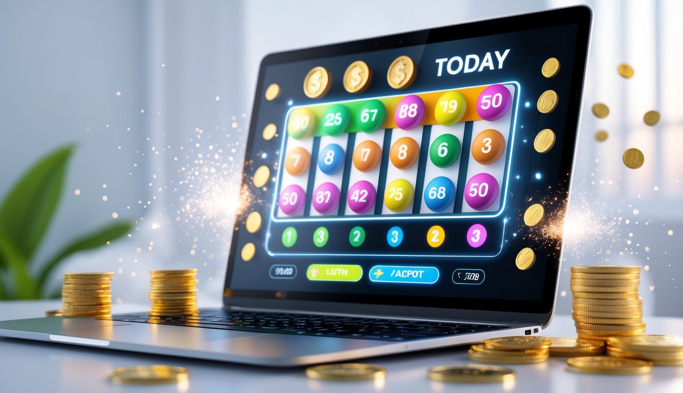 Seseorang menggunakan laptop dengan tampilan permainan togel online dan elemen keberuntungan seperti koin emas dan bola nomor di sekitarnya.
